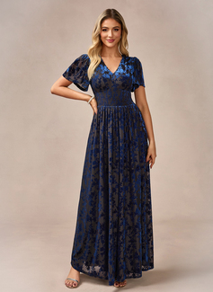 A-line V-Neck Floor-Length Velvet Evening Dress 