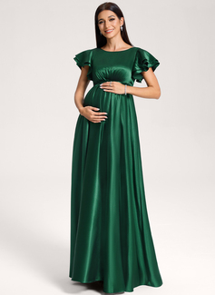 A-line Scoop Floor-Length Stretch Satin Maternity Dresses With Ruffle 