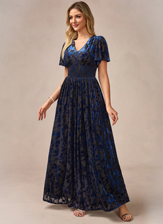 A-line V-Neck Floor-Length Velvet Evening Dress 
