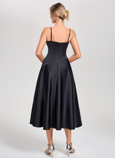 A-line Square Tea-Length Satin Cocktail Dress With Pleated 3D Floral 