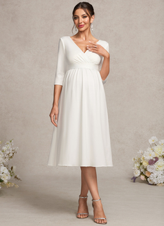 A-line V-Neck Knee-Length Jersey Maternity Dresses With Bow Pleated 