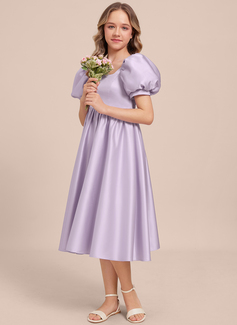 A-line Square Tea-Length Satin Junior Bridesmaid Dress 