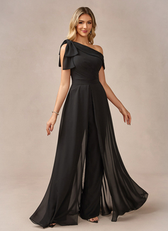 Jumpsuits One Shoulder Floor-Length Chiffon Evening Dress With Overskirt Bow 