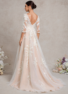 A-line V-Neck Sweep Train Tulle Lace Maternity Dresses 