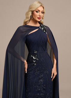 Sheath/Column Boat Neck Floor-Length Lace Chiffon Evening Dress With Cape Sequins Pleated 