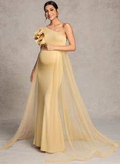 Sheath/Column One Shoulder Sweep Train Tulle Jersey Maternity Dresses With Ruffle 