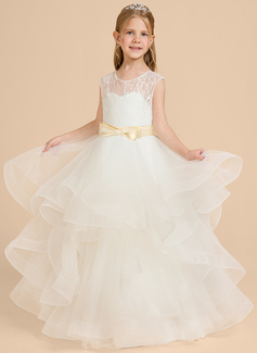 Prinzessin Rundhals Bodenlang Satin Tüll Spitze Blumenmädchenkleid mit Schleife 