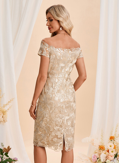 Embroidered Off the Shoulder Short Sleeve Sheath/Column Tulle Midi Dress 