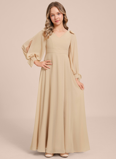 A-line V-Neck Floor-Length Chiffon Junior Bridesmaid Dress With Bow 