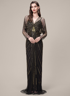 V-Neck Batwing Sleeve Crystal-Encrusted Beaded 1920s Evening Gown 