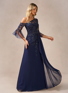 A-line One Shoulder Floor-Length Chiffon Lace Evening Dress With Sequins 