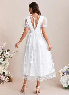 Embroidered V-Neck Short Sleeve A-line Lace Midi Dress 