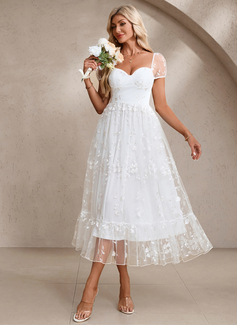 Embroidered Sweetheart Short Sleeve A-line Tulle Midi Dress 