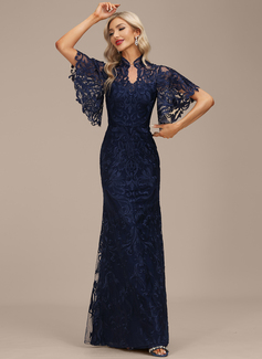 Linjeform høy Hals Illusjon Gulvlengde Blonder Festkjole 