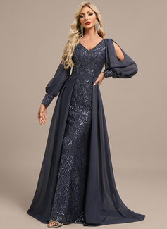 Sheath/Column V-Neck Floor-Length Detachable Lace Sequin Chiffon Evening Dress With Overskirt 
