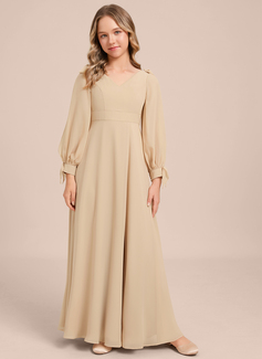 A-line V-Neck Floor-Length Chiffon Junior Bridesmaid Dress With Bow 