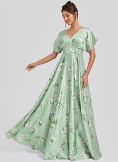 A-line V-Neck Floor-Length Matte Satin Bridesmaid Dress 