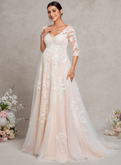 A-line V-Neck Sweep Train Tulle Lace Maternity Dresses 