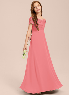 A-line kjole Kald skulder Gulvlengde Chiffon Blonder Brudepikekjole ungdom 