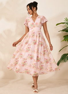 Floral Print V-Neck Short Sleeve A-line Chiffon Midi Dress 