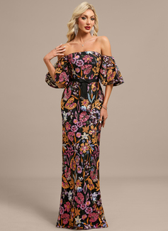 Sheath/Column Off the Shoulder Floor-Length Lace Floral Sequin Evening Dress With Bow 