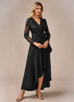 Sequins V-Neck Long Sleeve A-line Stretch Crepe Sequin Asymmetrical Maxi Dress 