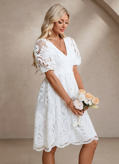 A-line V-Neck Knee-Length Lace Wedding Dress 