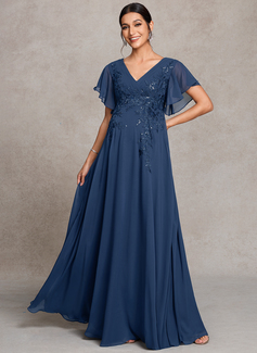 A-line V-Neck Floor-Length Lace Chiffon Maternity Dresses With Sequins Pleated 