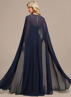 Sheath/Column Boat Neck Floor-Length Lace Chiffon Evening Dress With Cape Sequins Pleated 
