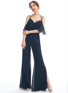Jumpsuits V-hals Gulvlengde Chiffon Brudepikekjole med Ruffle 