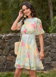 Rund hals 1/2-ermer Ferie A-line kjole Chiffong Midi Motekjoler 