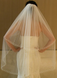 Beading Cut Edge Two Tier Tulle Bridal Fingertip Length Wedding Veils With Blusher 