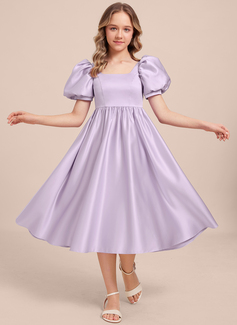 A-line Square Tea-Length Satin Junior Bridesmaid Dress 
