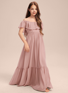 A-line kjole Bare skuldre Gulvlengde Chiffong Brudepikekjole til tenåringer med Brusende Volanger 