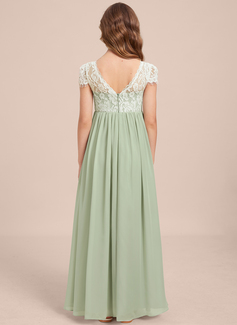 A-Linien-Kleid Rundhals Bodenlang Chiffon Spitze Kleider für junge Brautjungfern 