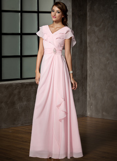 A-line V-Neck Floor-Length Chiffon Mother of the Bride Dress With Cascading Ruffles Crystal Brooch 