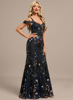 Sheath/Column Cold Shoulder Off the Shoulder Floor-Length Floral Lace Evening Dress 