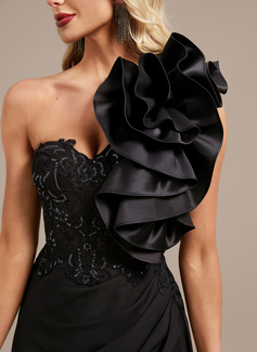 Sheath/Column One Shoulder Floor-Length Lace Chiffon Evening Dress With Overskirt 3D Floral Sequins Pleated 