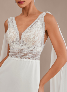 Trumpet/Mermaid V-Neck Sweep Train Lace Chiffon Wedding Dress With Sequins 