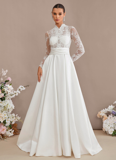A-line High Neck Sweep Train Satin Lace Wedding Dress With Sequins 