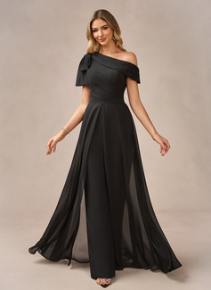 Jumpsuits One Shoulder Floor-Length Chiffon Evening Dress With Overskirt Bow 