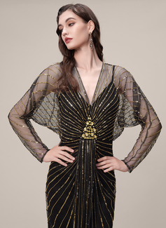 V-Neck Batwing Sleeve Crystal-Encrusted Beaded 1920s Evening Gown 