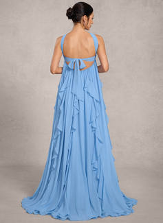 A-line Halter Sweep Train Chiffon Maternity Dresses With Crystal Brooch Cascading Ruffles 