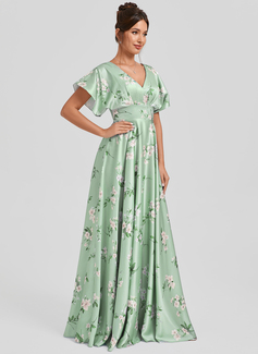 A-line V-Neck Floor-Length Matte Satin Bridesmaid Dress 