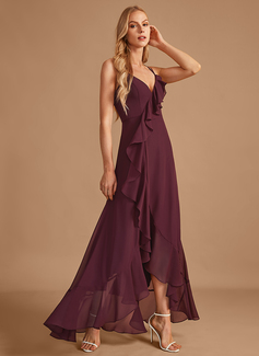 A-formet V-hals Asymmetrisk Chiffong Brudepikekjole med Frynse 