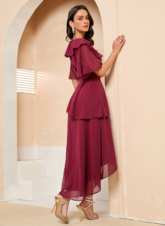 Brusende Volanger V-hals 1/2-ermer Elegant A-line kjole Chiffong Asymmetrisk Motekjoler 