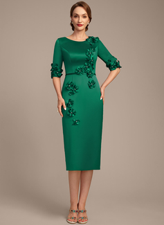 Sheath/Column Scoop Tea-Length Silky Satin Mother of the Bride Dress With Beading 3D Floral 