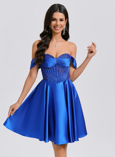 A-line Off the Shoulder Short Satin Homecoming Dress With Rhinestone Pleated Beading 
