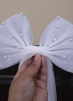 Pearl Bow Cut Edge Single Tier Tulle Bridal Cathedral Length Wedding Veils 