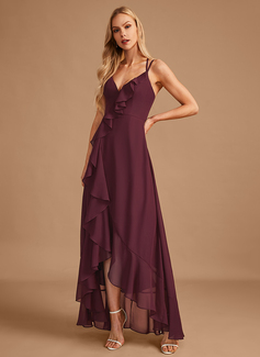 A-formet V-hals Asymmetrisk Chiffong Brudepikekjole med Frynse 